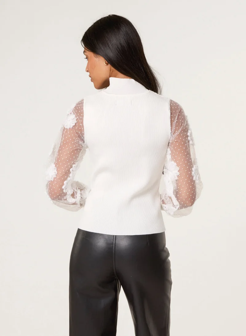 بلو فانيلا Turtle Neck Jumper With Mesh Polka Dot And Flower Detailed Sleeve